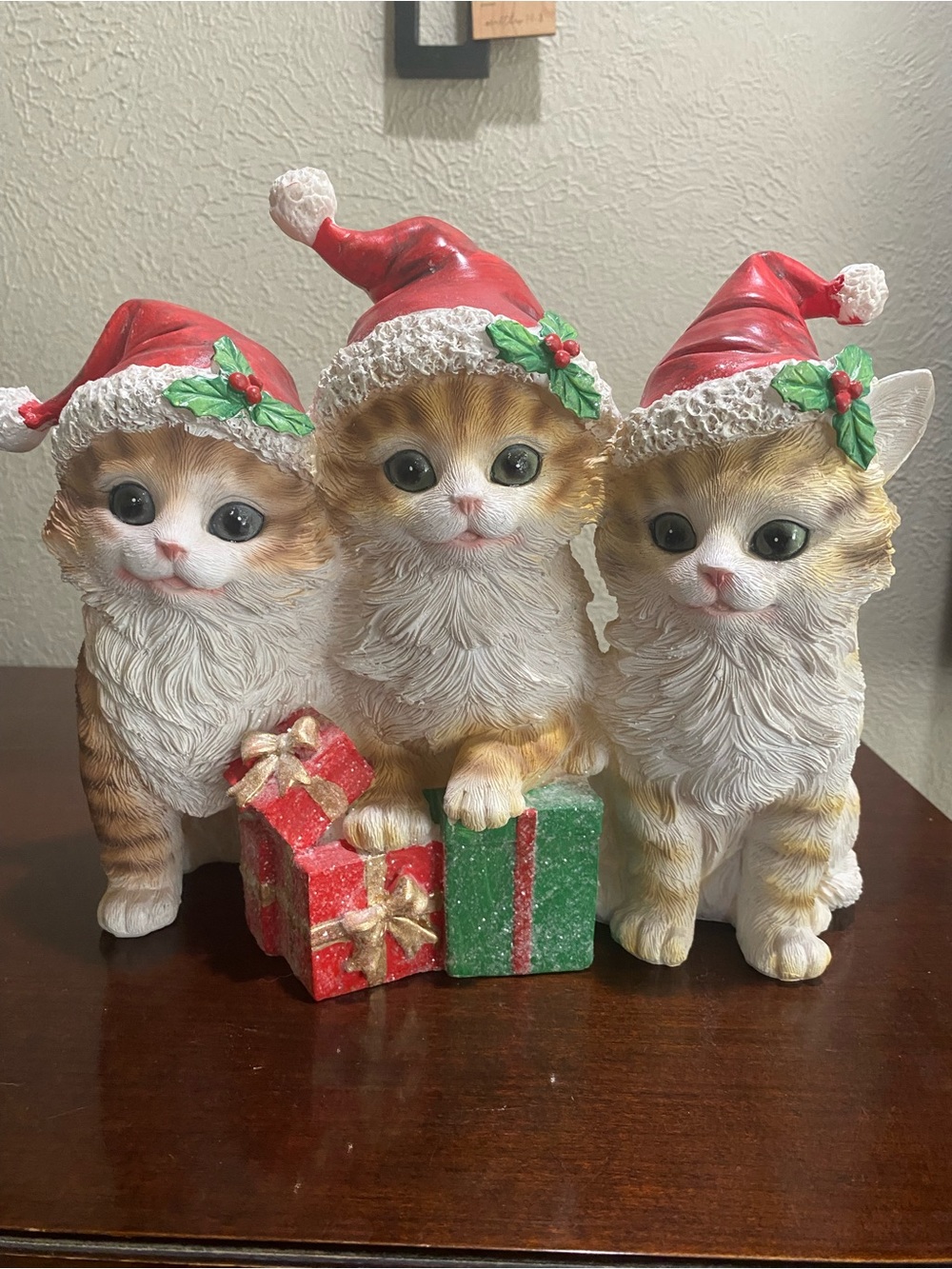 Vintage, Resin Holiday Kittens Figurine featuring 3 Kittens Wearing Santa Hats